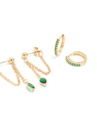 Gold Plated Green Cubic Zirconia Ear Cuff & Huggie Earrings 4-Pack - link has visual effect only