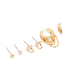 Gold Plated Cubic Zirconia & Huggie Chain Earrings 4-Pack - link has visual effect only