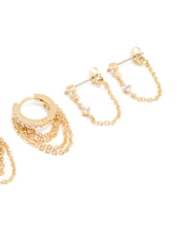 Gold Plated Cubic Zirconia & Huggie Chain Earrings 4-Pack - link has visual effect only
