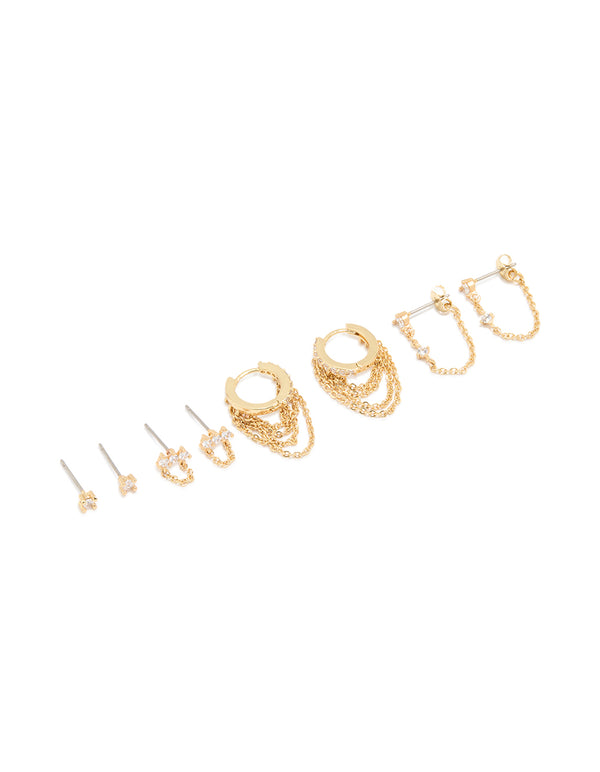 Gold Plated Cubic Zirconia & Huggie Chain Earrings 4-Pack