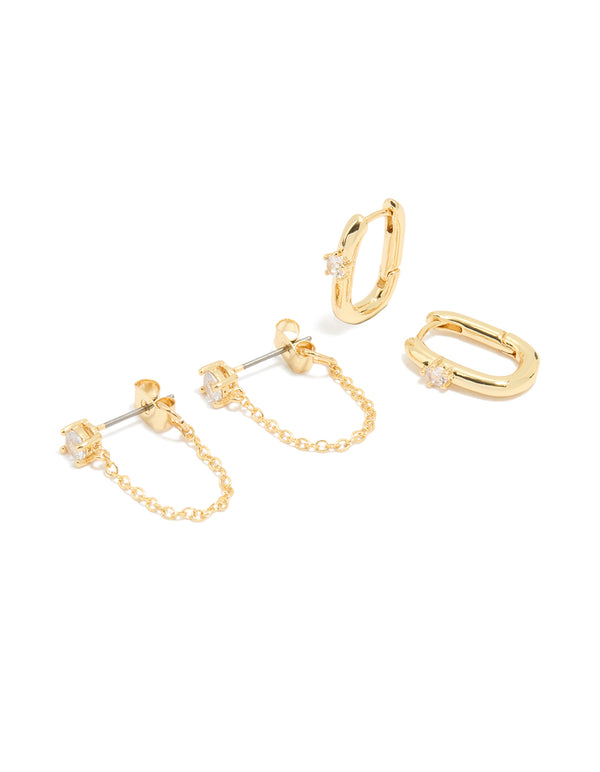 Gold Plated Cubic Zirconia Chain Stud & Huggie Earrings 2-Pack