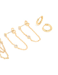 Gold Plated Cubic Zirconia Chain & Huggie Earrings 4-Pack - link has visual effect only