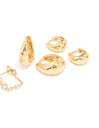 Gold Plated Molten Huggie & Cubic Zirconia Chain Earrings 4-Pack - link has visual effect only