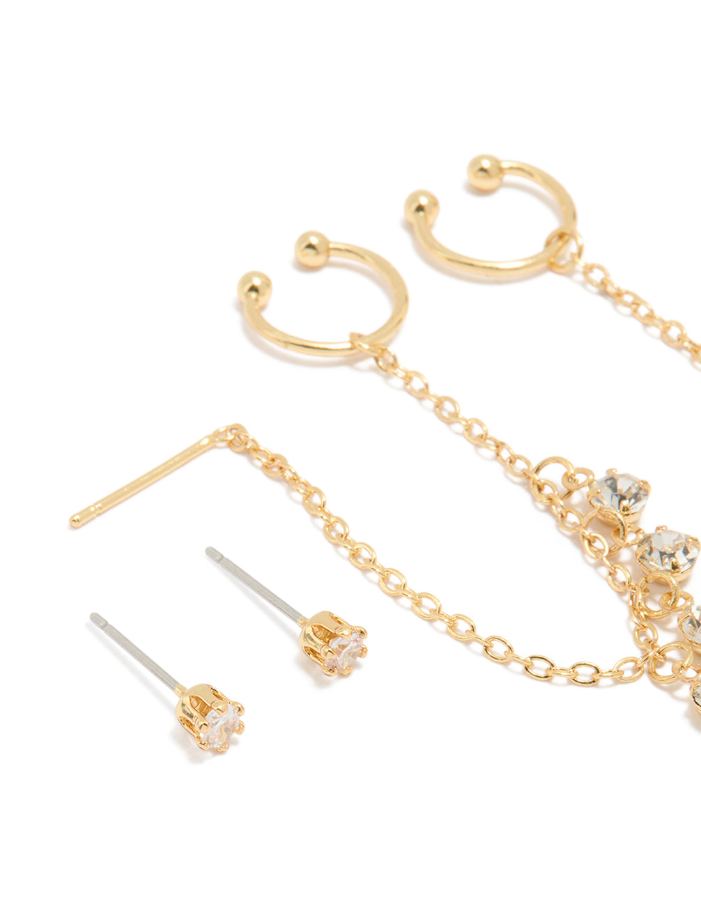 Gold Plated Chain Cubic Zirconia Chain Pull Through Earrings & Studs 3-Pack