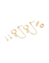 Gold Plated Baguette Huggie & Chain Earrings 4-Pack - link has visual effect only
