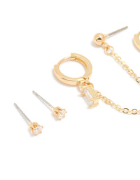 Gold Plated Baguette Huggie & Chain Earrings 4-Pack - link has visual effect only