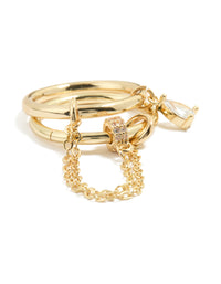 Gold Plated Cubic Zirconia Pear Drop Chain Ring - link has visual effect only