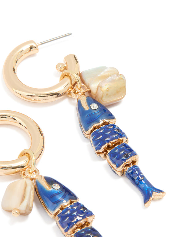 Gold Blue Fish Charm Hoop Earrings