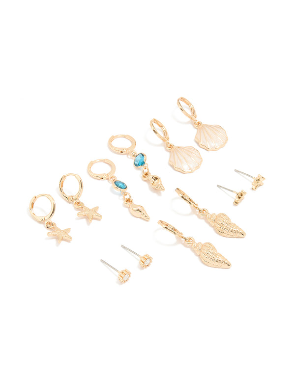 Gold Sea-Themed Hoop Earrings 6-Pack