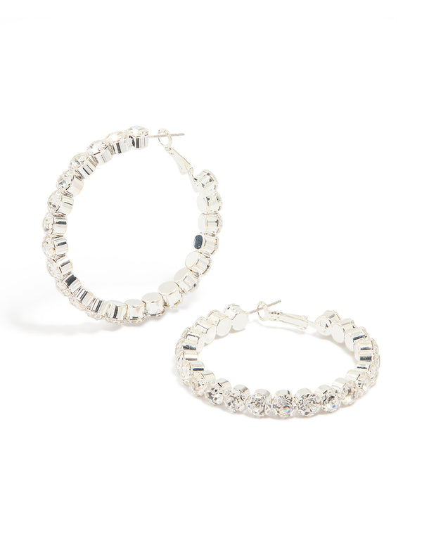 Silver Diamante Detailed Thick Hoop Earrings