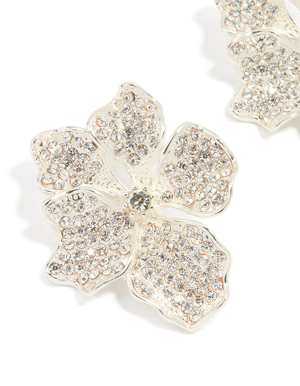 Silver Diamante Flower Stud Earrings
