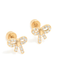 Kids Gold Plated Surgical Steel Cubic Zirconia Bow Flat Back Earrings - link has visual effect only