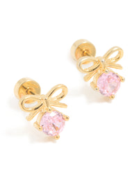 Kids Gold Plated Surgical Steel Pink Cubic Zirconia Bow Flat Back Earrings - link has visual effect only