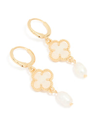 Gold Plated Freshwater Pearl Flower Huggie Drop Earrings - link has visual effect only