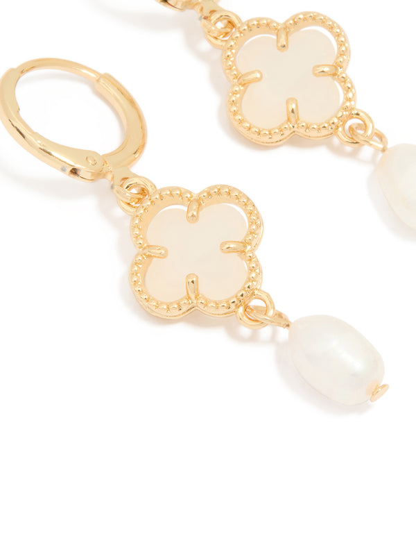 Gold Plated Freshwater Pearl Flower Huggie Drop Earrings