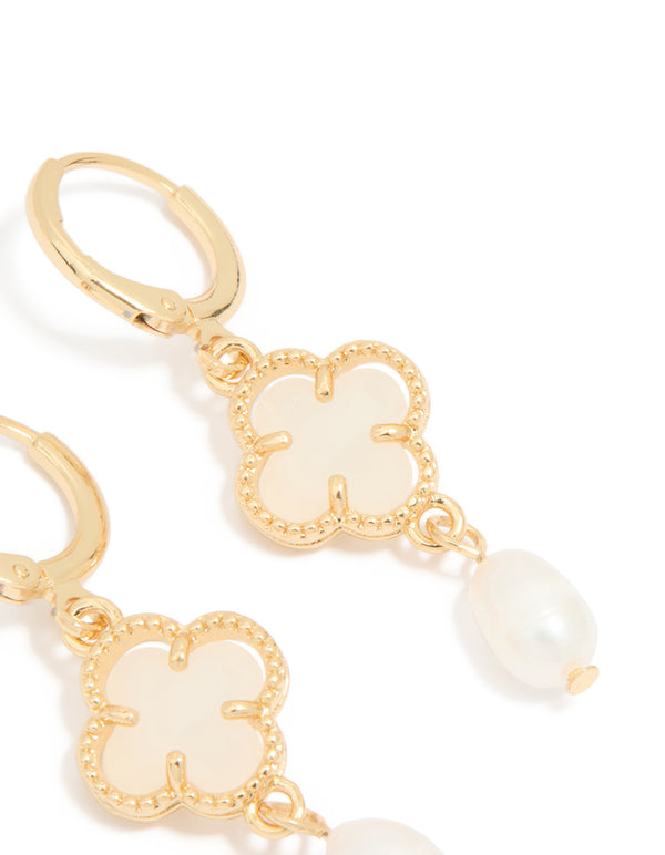 Gold Plated Freshwater Pearl Flower Huggie Drop Earrings