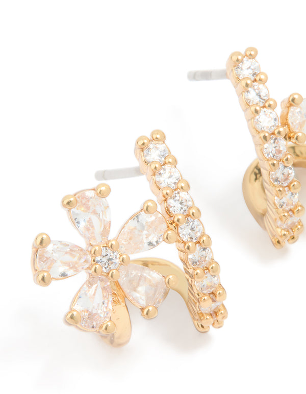 Gold Plated Cubic Zirconia Flower Ear Jacket Earrings