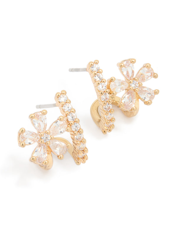 Gold Plated Cubic Zirconia Flower Ear Jacket Earrings