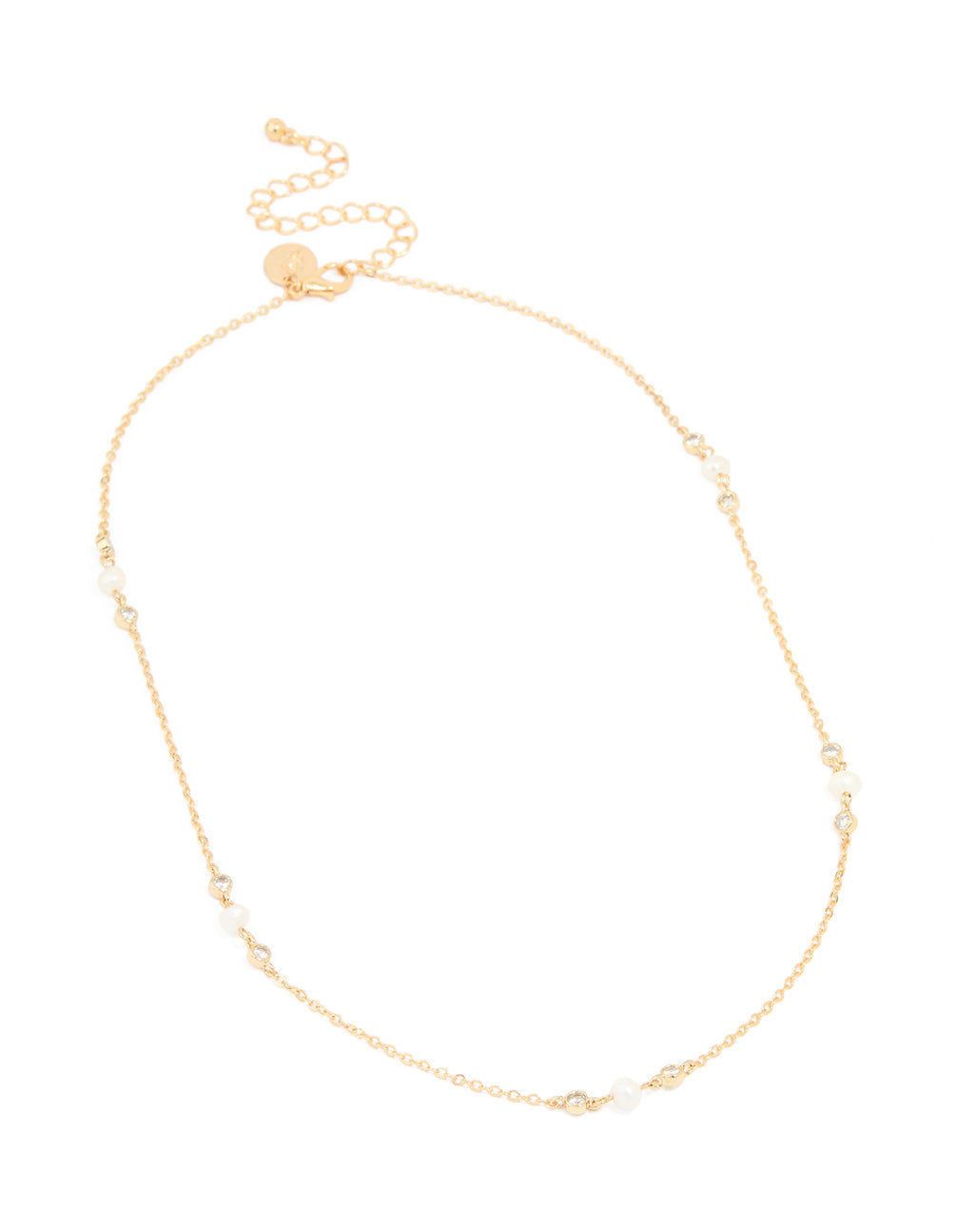 Gold Plated Cubic Zirconia & Freshwater Pearl Dainty Station Necklace