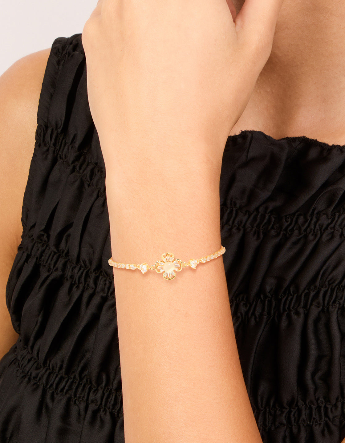 Gold Plated Cubic Zirconia Flower Baguette Toggle Bracelet