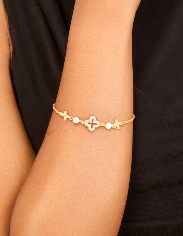 Gold Plated Cubic Zirconia Mixed Flower & Pearl Bracelet