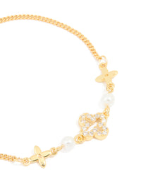Gold Plated Cubic Zirconia Mixed Flower & Pearl Bracelet - link has visual effect only