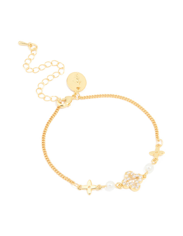 Gold Plated Cubic Zirconia Mixed Flower & Pearl Bracelet