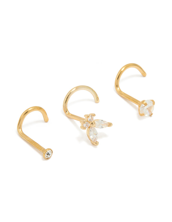 Gold Plated Titanium Diamante Butterfly & Classic Nose Studs 3-Pack