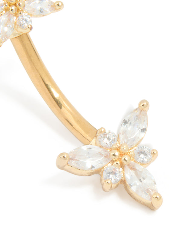 Gold Plated Titanium Diamante Double Dainty Flower Belly Bar