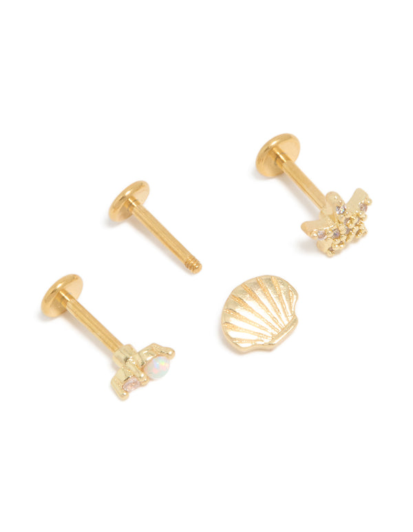 Gold Plated Surgical Steel Diamante Sea-Inspired Flat Back Studs 3-Pack