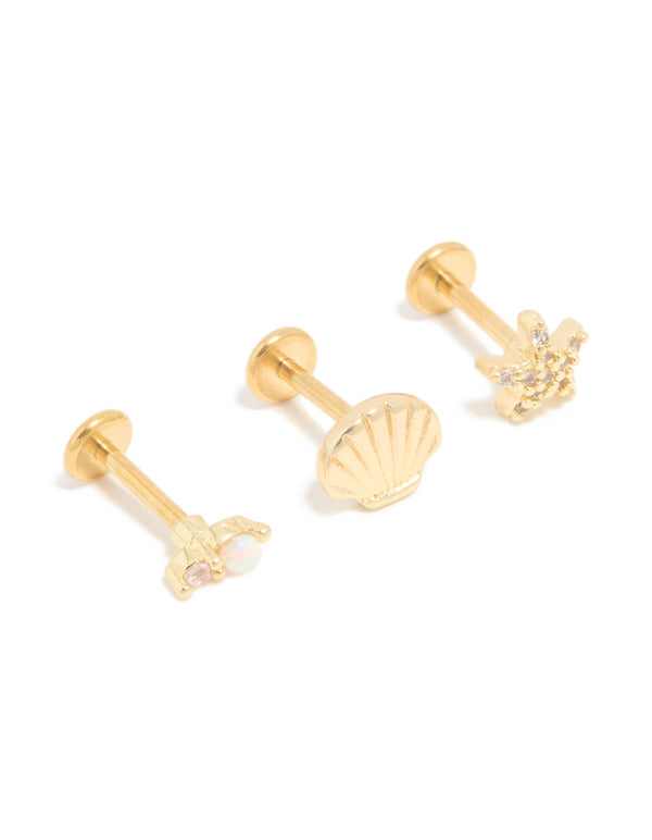 Gold Plated Surgical Steel Diamante Sea-Inspired Flat Back Studs 3-Pack