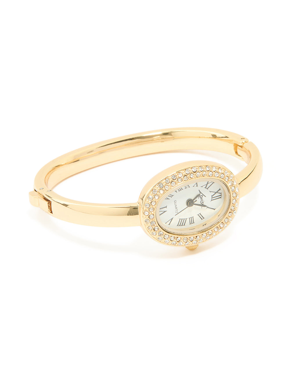 Explore a gold diamante oval bangle watch featuring white dial with roman numerals, statement style for women, designed for casual occasions with analog display front view