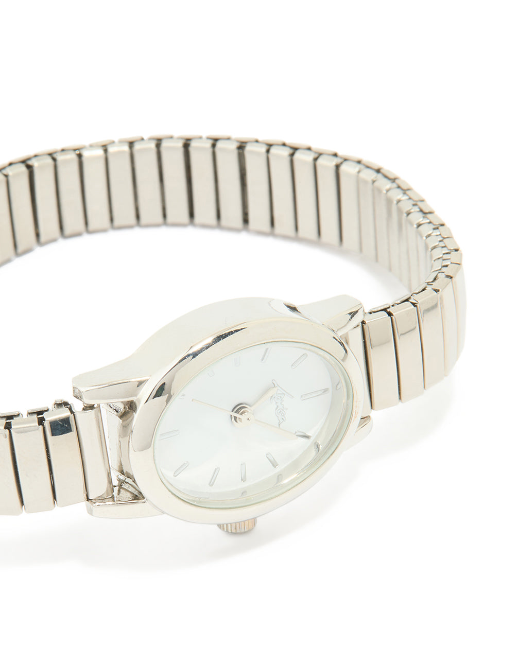Elegant women's mini stretch watch with white dial, round shape, link band in silver, designed for casual occasions, analog type watch face detail view