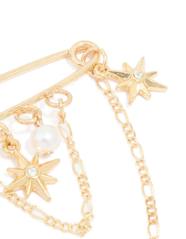 Gold Celestial Chain Drop Pin Brooch