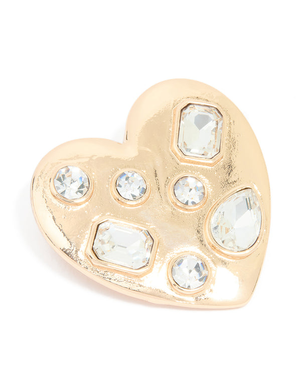 Gold Heart Mixed Diamante Brooch