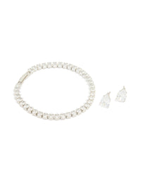 Silver Cubic Zirconia Earrings & Tennis Bracelet Set - link has visual effect only