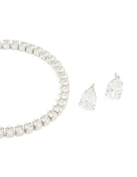 Silver Cubic Zirconia Earrings & Tennis Bracelet Set - link has visual effect only
