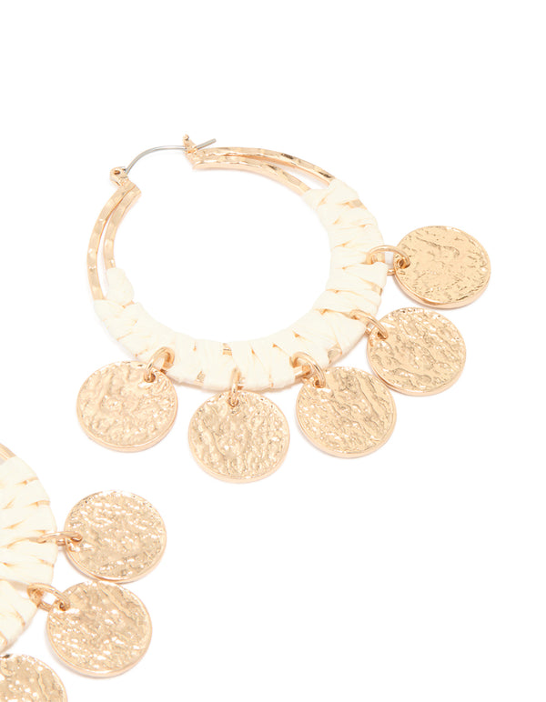 Gold Raffia Hammered Disc Hoop Earrings