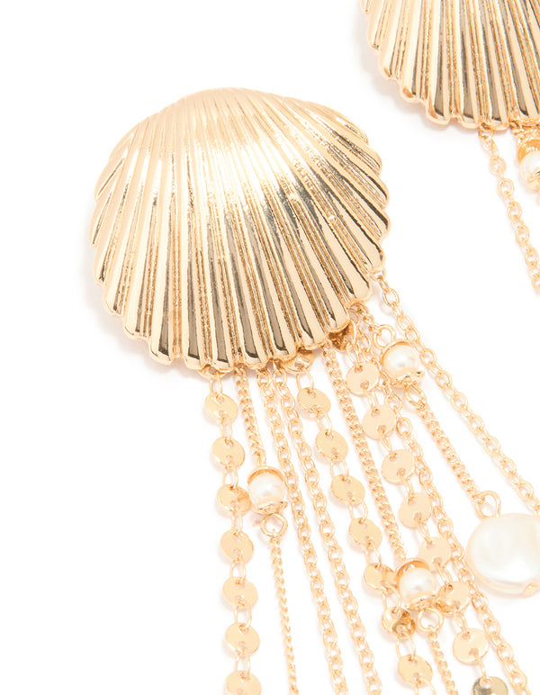 Gold Pearl Scallop Chain Earrings