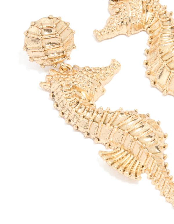 Gold Ribbed Seahorse Earrings