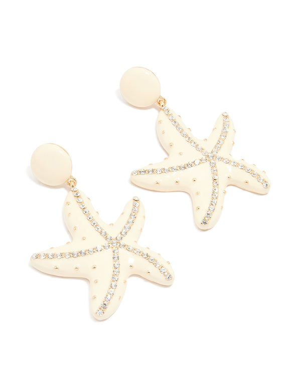 Gold White Enamel Diamante Starfish Earrings