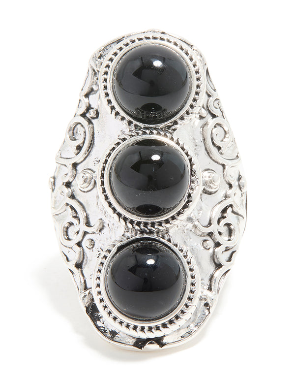 Silver Black Circle Trio Ring