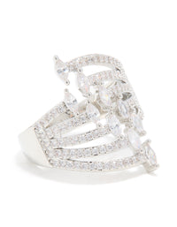 Showcasing a cubic zirconia mini triangles layered ring in silver with statement design side detail view - link has visual effect only