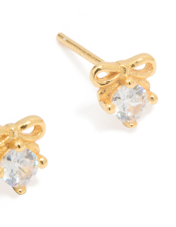 Gold Plated Sterling Silver Cubic Zirconia Bow Stud Earrings