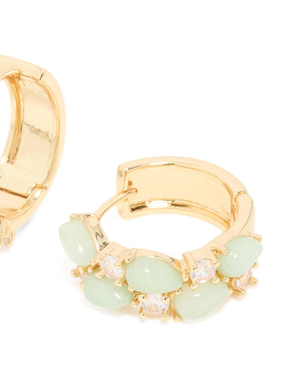 Gold Plated Green Semi Precious Stone & Cubic Zirconia Hoop Earrings