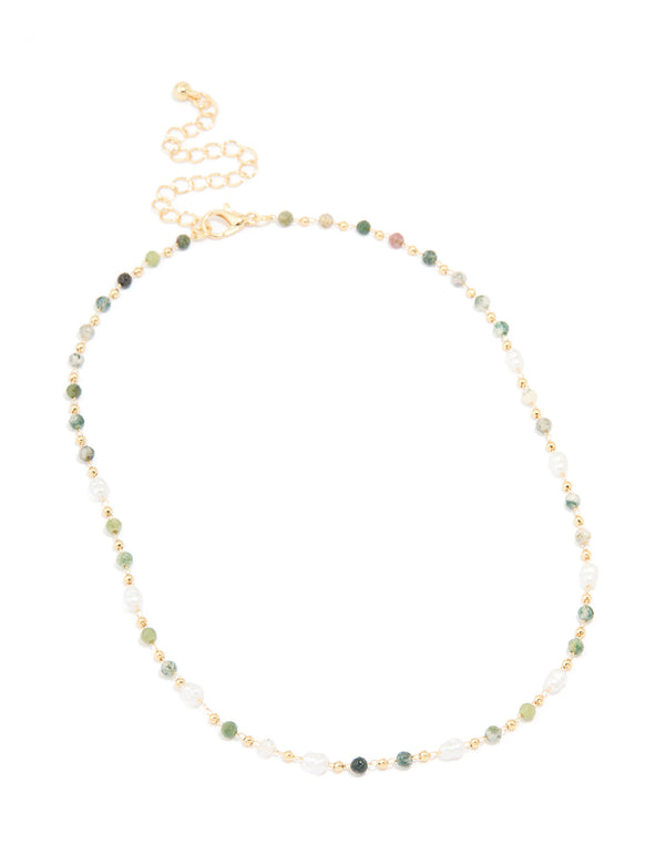 Gold Plated Green Semi Precious Stone & Pearl Necklace
