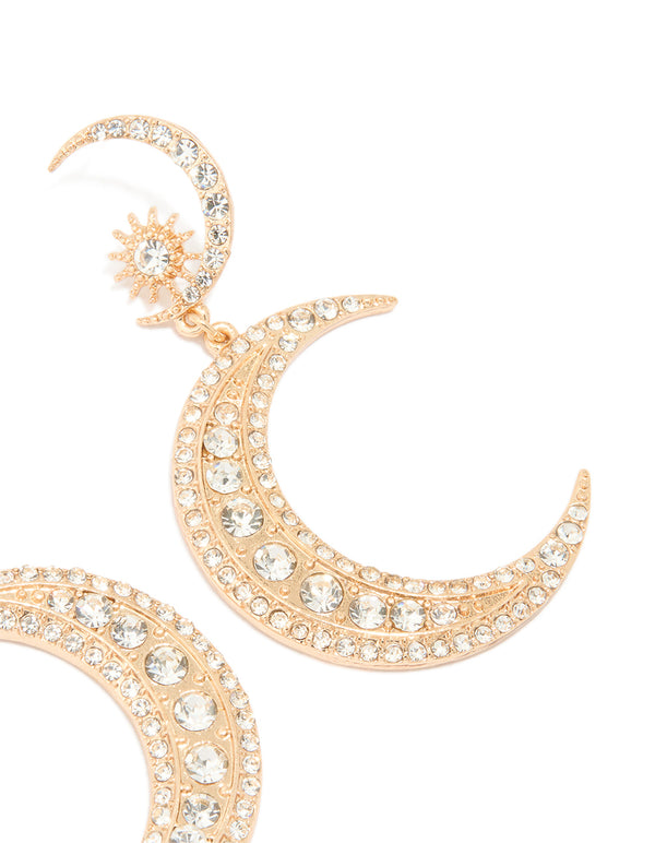 Gold Diamante Double Moon Earrings
