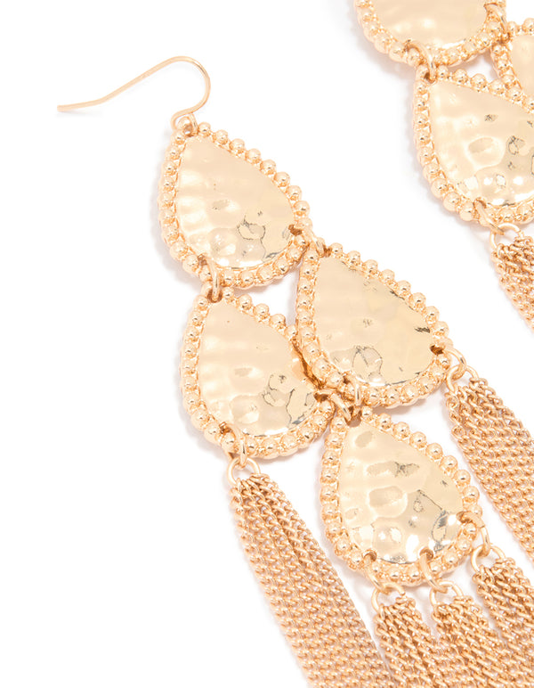 Gold Teardrop Tassel Drop Earrings