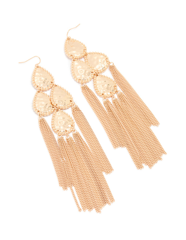 Gold Teardrop Tassel Drop Earrings
