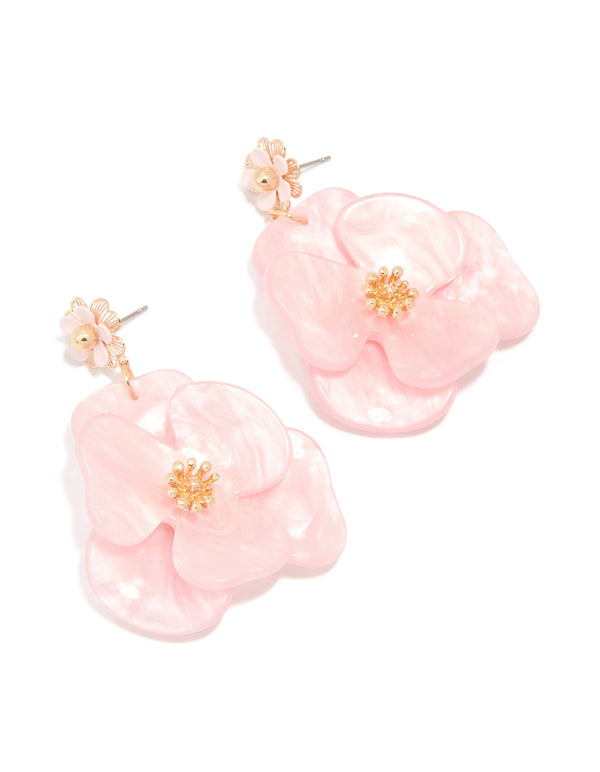 Gold Pink Acrylic Flower Drop Earrings
